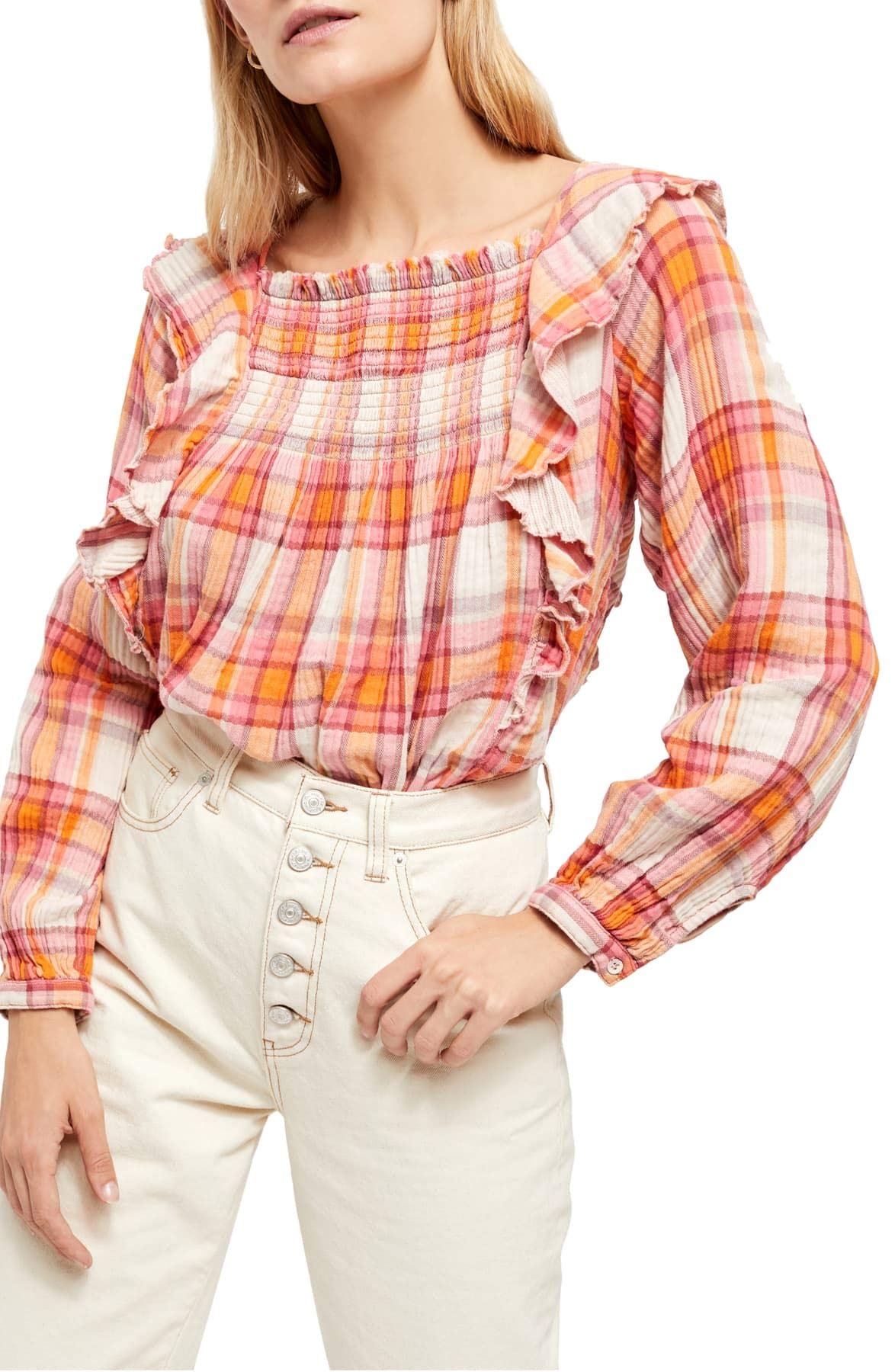 Free People Women's Siena Plaid Pullover Blouse (Multicolor, Large)