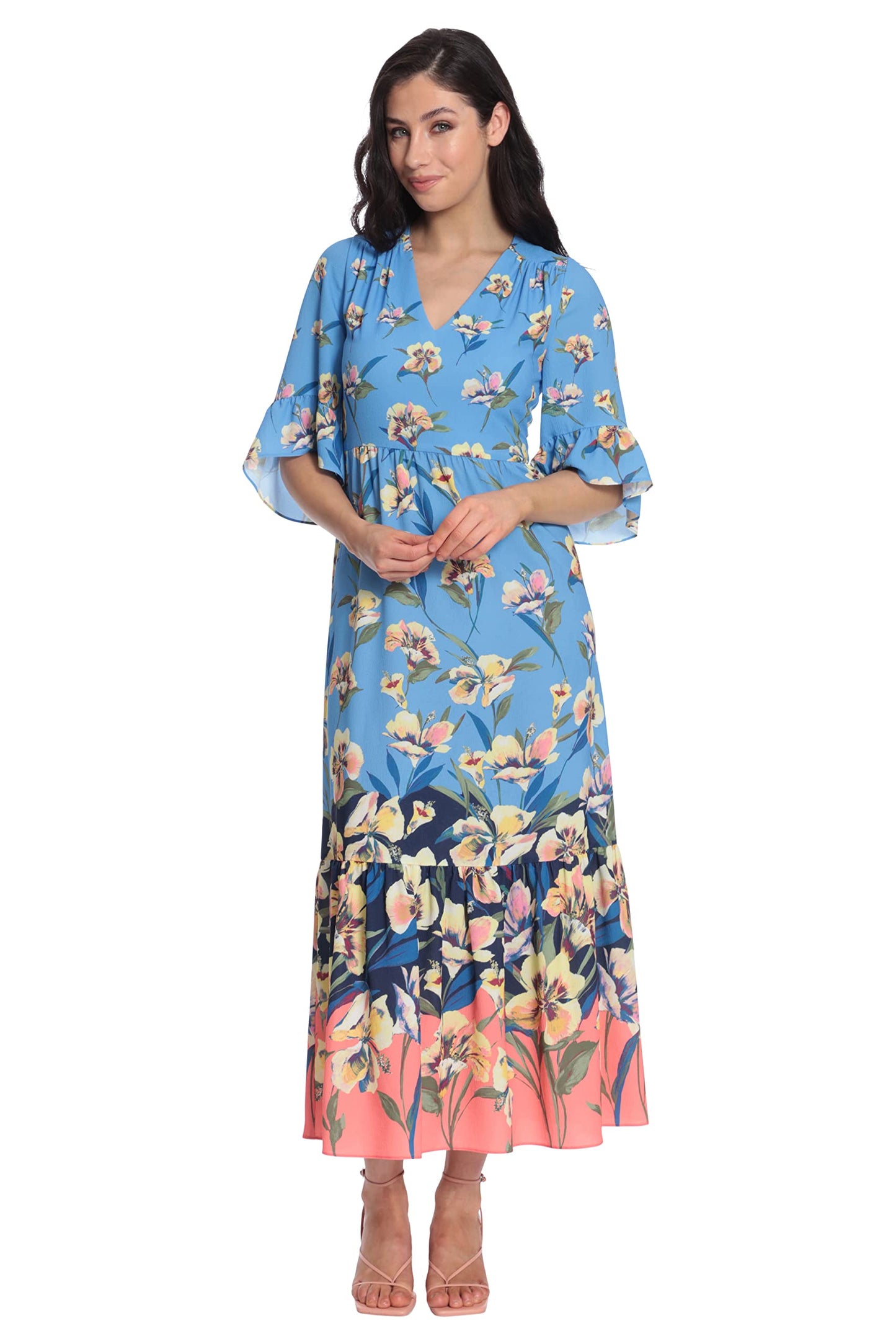 London Times Women's Floral Printed V-Neck Tiered Maxi with Ruffle Elbow Sleeves and Border Hem, Soft White/French Blue, 4