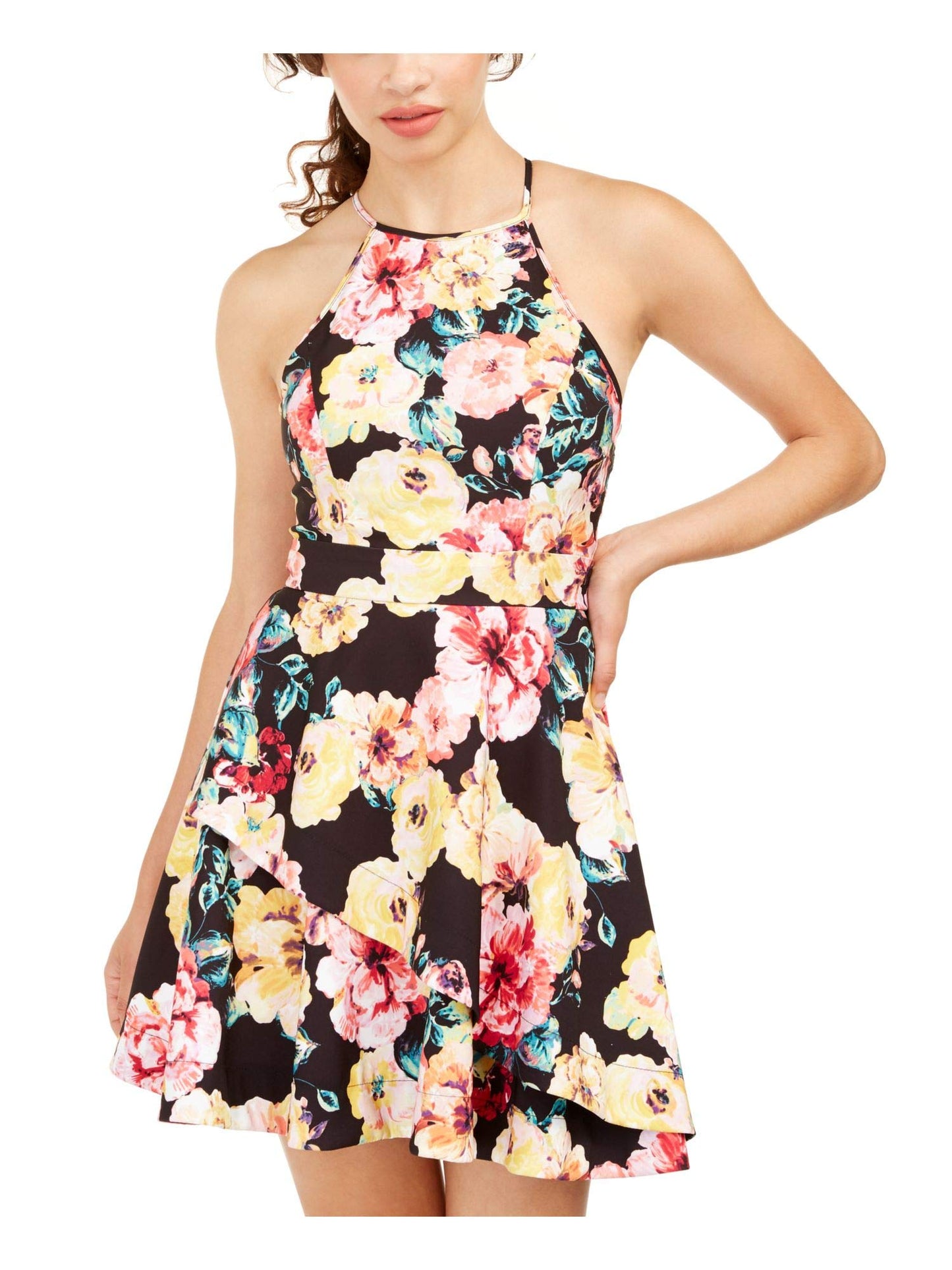 Speechless Womens Floral Halter Fit & Flare Dress Black 9