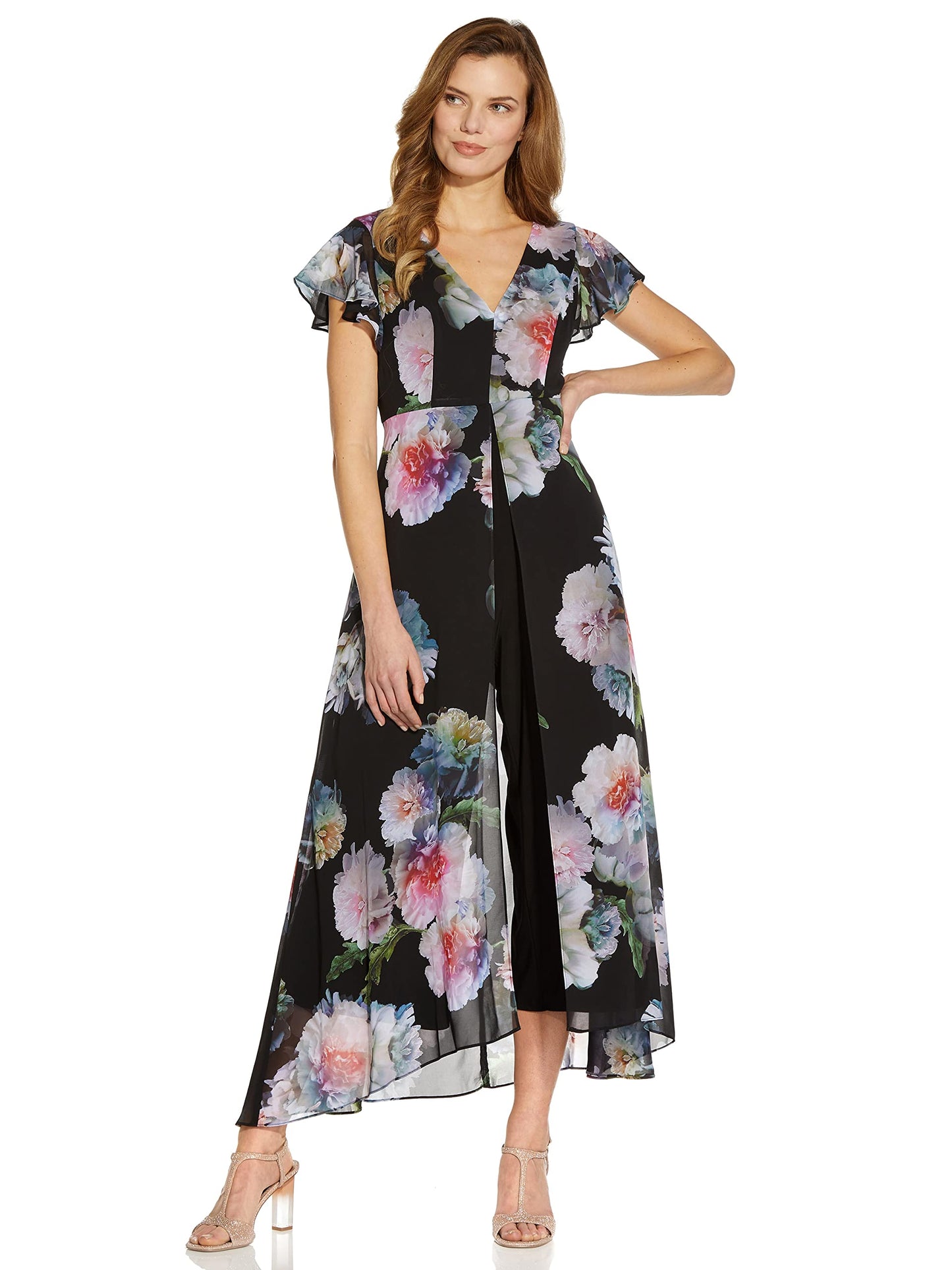 Adrianna Papell Women's Floral Printed Jumpsuit, Black Multi, 8