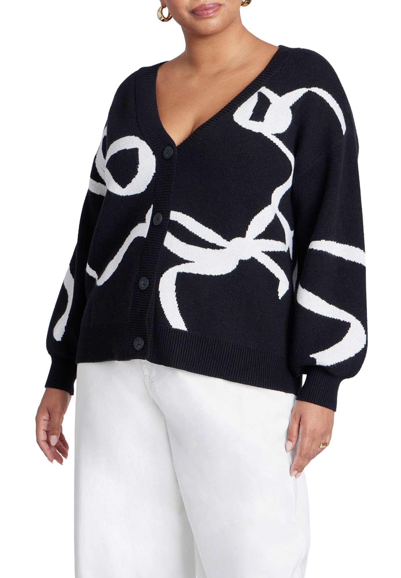 ELOQUII Women's Plus Size Intarsia Cardigan - 22/24, Black White Bows