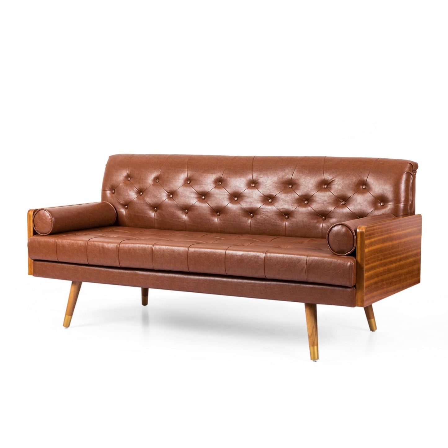 Adelaide Mid Century Modern Tufted Sofa with Rolled Accent Pillows - Light Brown