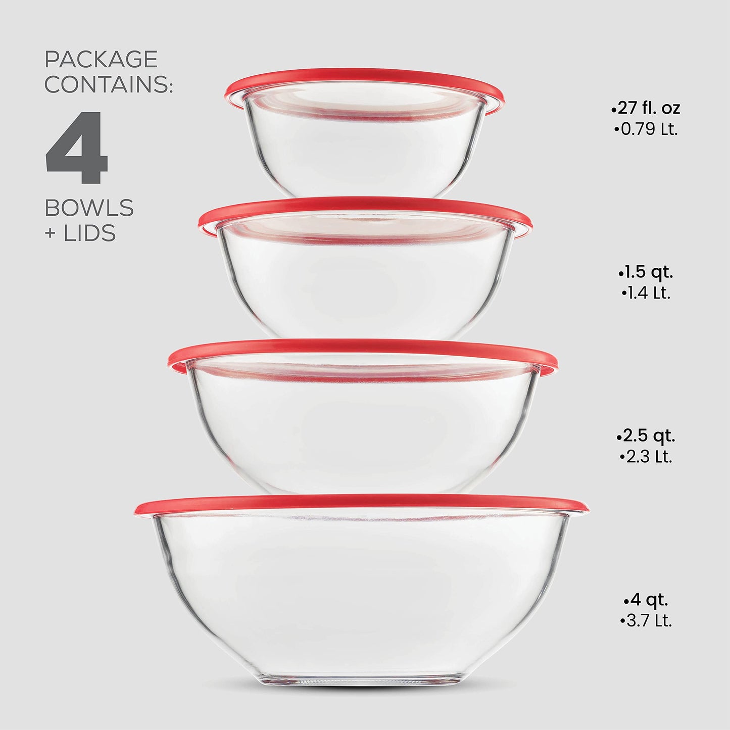 Tigelas de vidro para misturar com tampas - conjunto de 8 peças 
