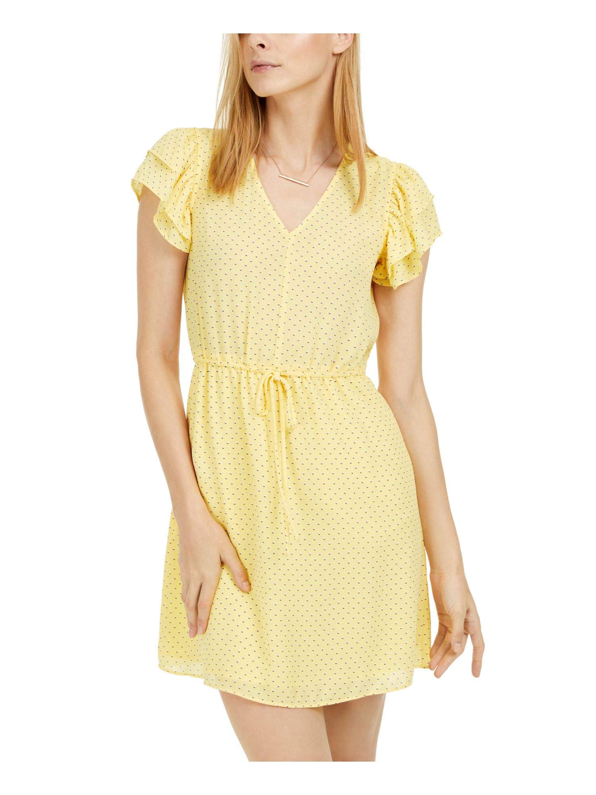 Maison Jules Womens Flutter Sleeve Tie Waist Casual Dress Yellow S