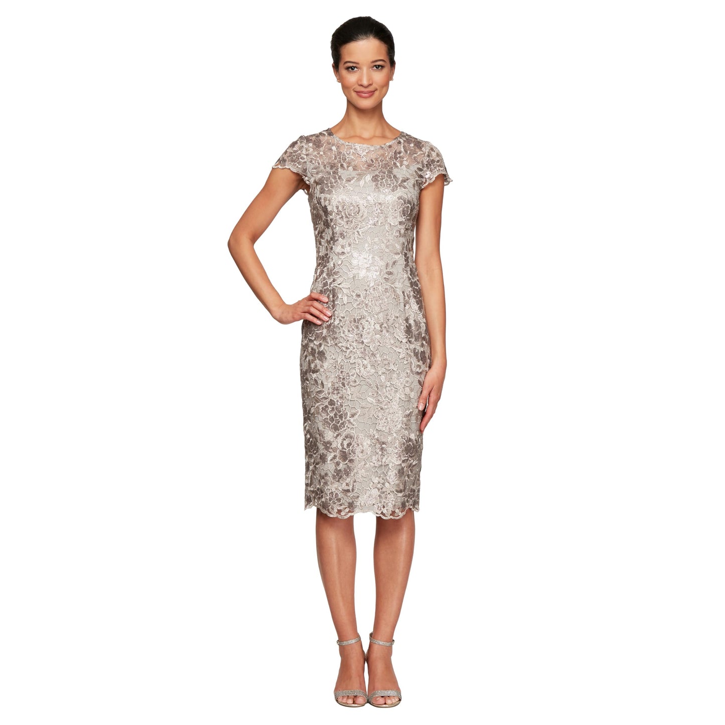 Alex Evenings Women's Short Floral Embroidered Cocktail Sheath Dress, Wedding Guest, Formal Gown (Petite and Regular Sizes), Taupe, 14