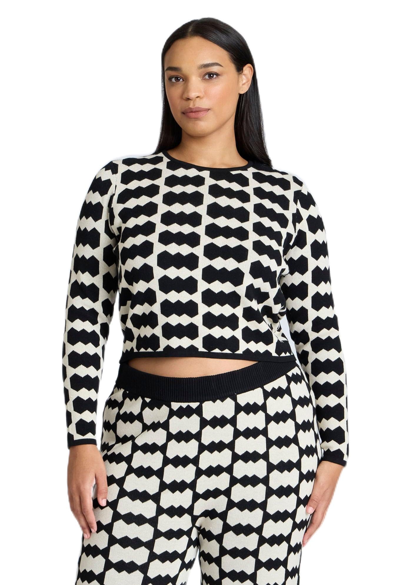 ELOQUII Women's Plus Size Cropped Sweater with Pattern - 26/28, White Geo Crunch