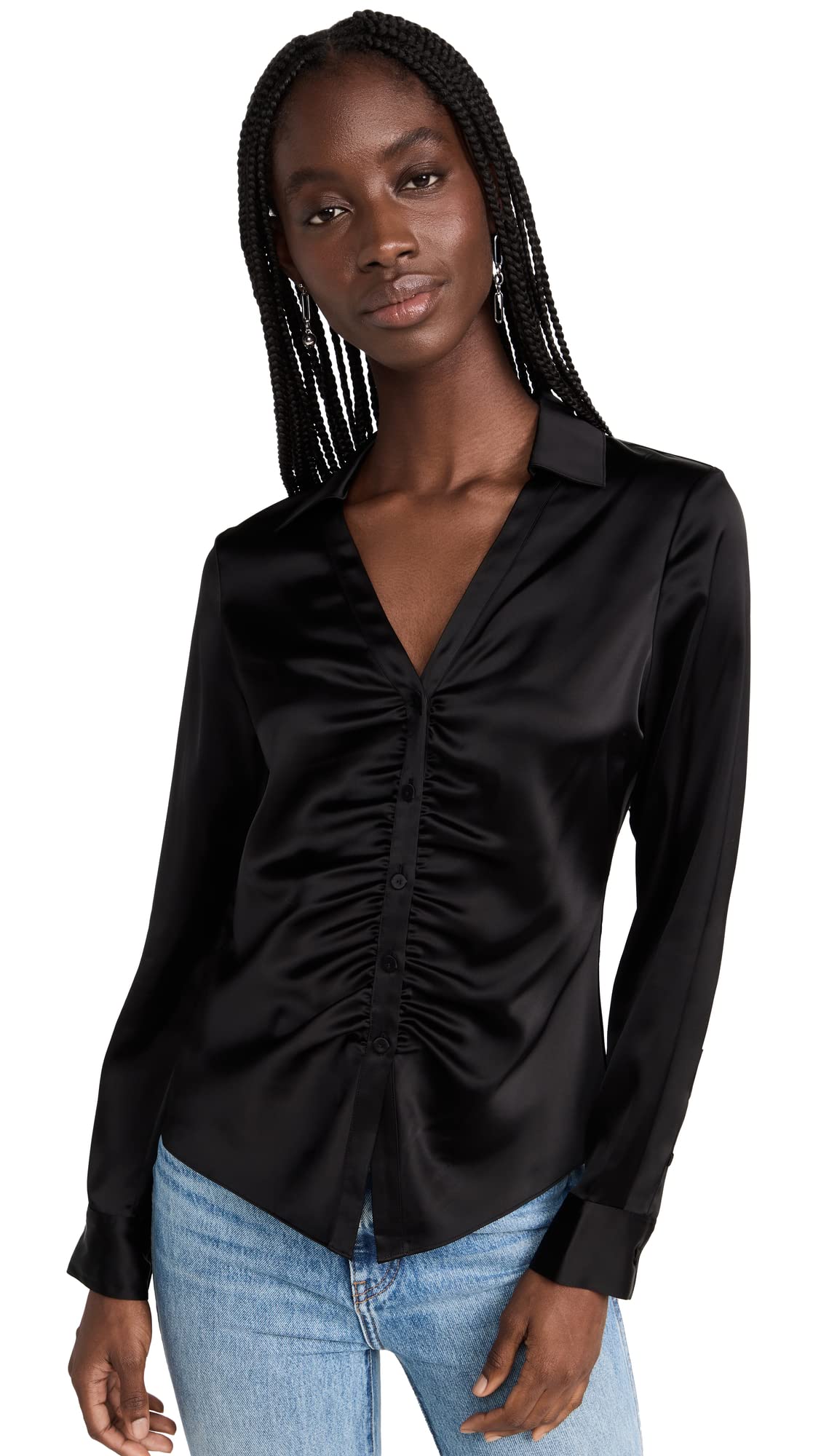 Theory Women's Ruched Button Down Shirt, Black, M
