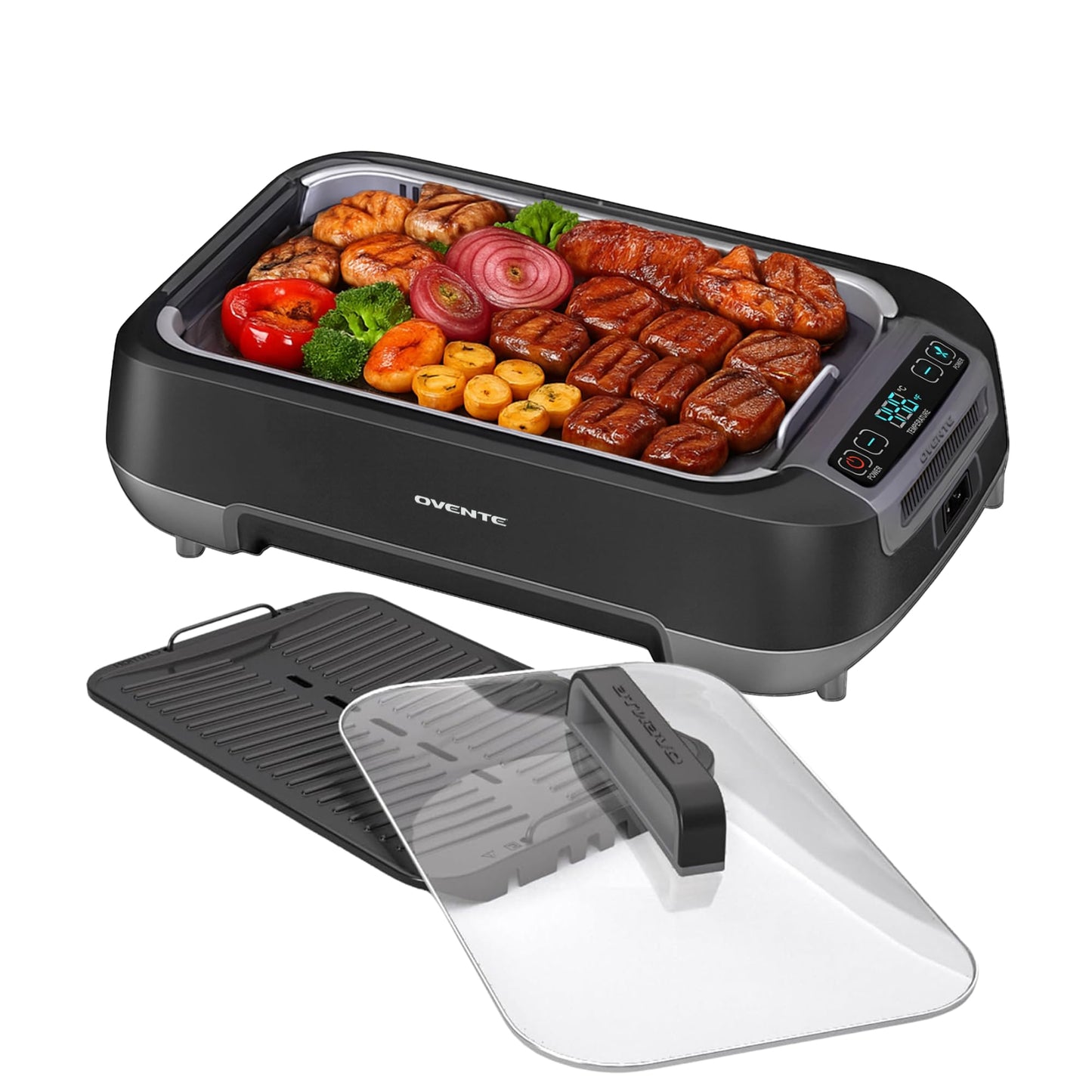 OVENTE Smokeless Indoor Grill 1500W Electric Portable Korean BBQ Grill with OneTouch Control LED Smart Display Tempered Glass Lid Two Removable NonStick and Dishwasher Safe Plates Black SGR85B