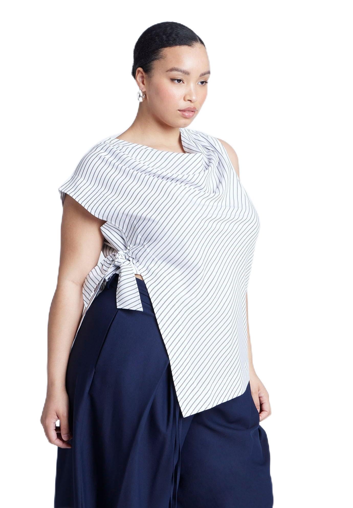 ELOQUII Women's Plus Size Asym Tie Top - 24, Black On Cream