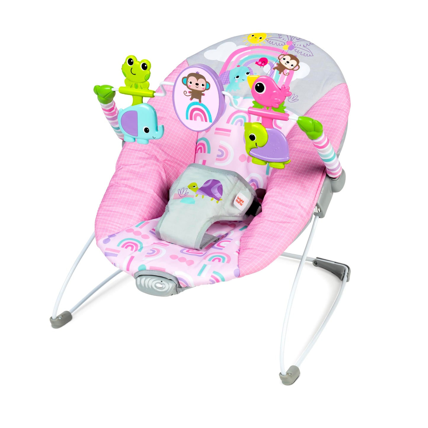 Bright Starts Pink Paradise Portable Baby Bouncer with Vibrating Infant Seat and Toy Bar Max Weight 20 lbs Age 06 Months