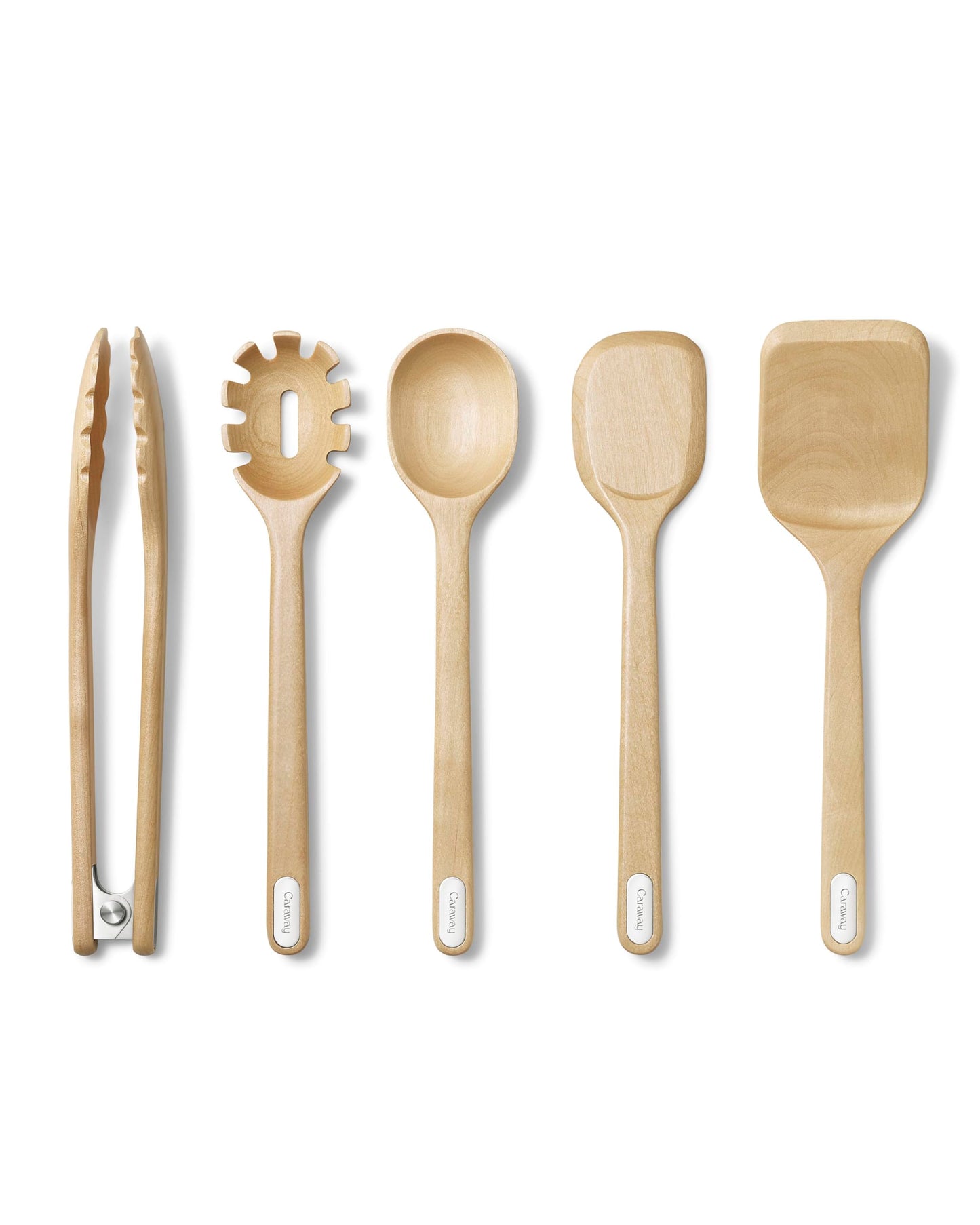 Caraway Wooden Utensil Set  5 Piece Cooking Utensil Set  Spoon Server Scraper Spatula  Tongs  Made From FSCCertified Birch Wood  No Microplastics