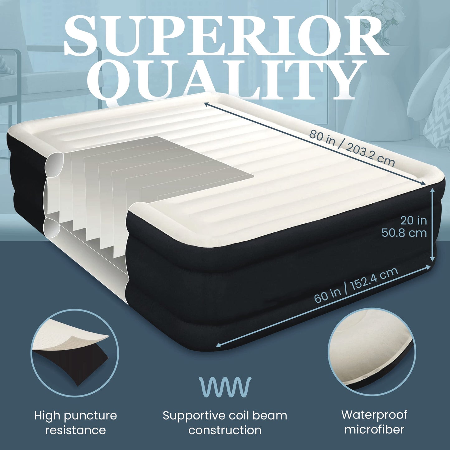 Cama inflável dupla alta para casa, viagens e acampamento 