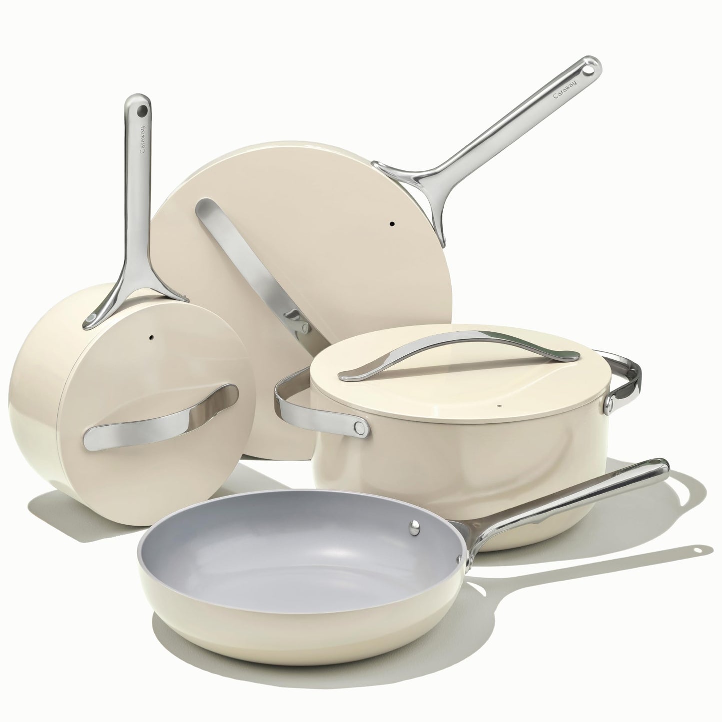 Caraway Nonstick Ceramic Cookware Set 12 Piece Pots Pans 3 Lids and Kitchen Storage  Non Toxic  Oven Safe  Compatible with All Stovetops  Cream