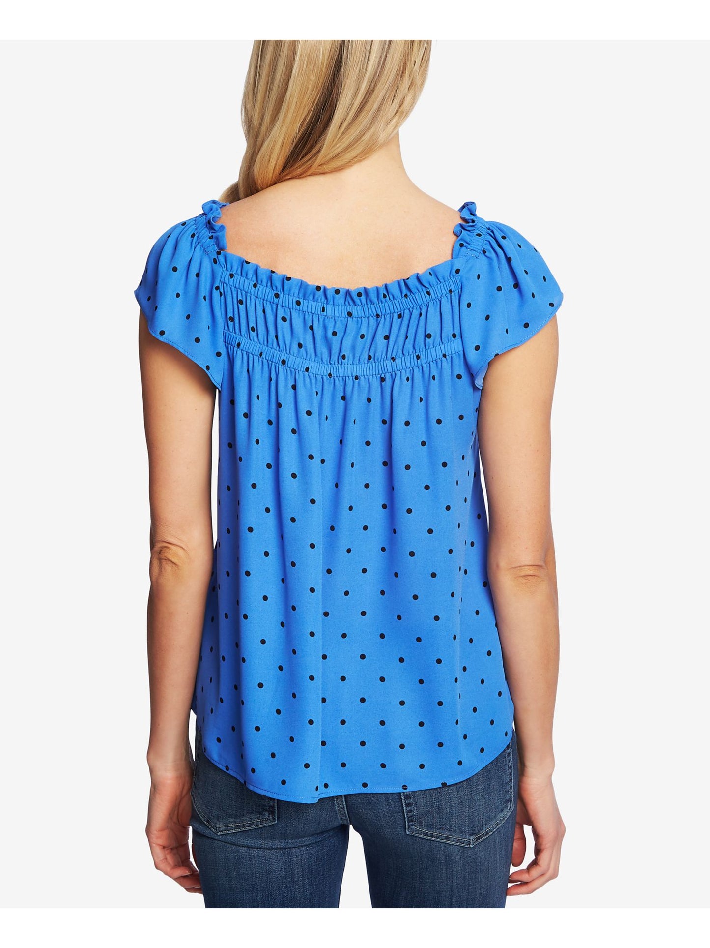 Blusa feminina CeCe com decote quadrado e bolinhas tropicais, azul, tamanho médio