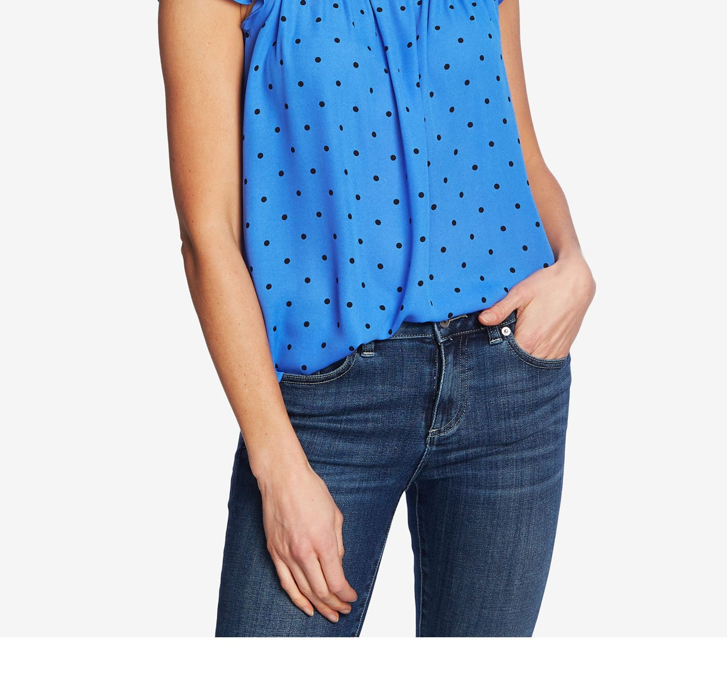 Blusa feminina CeCe com decote quadrado e bolinhas tropicais, azul, tamanho médio
