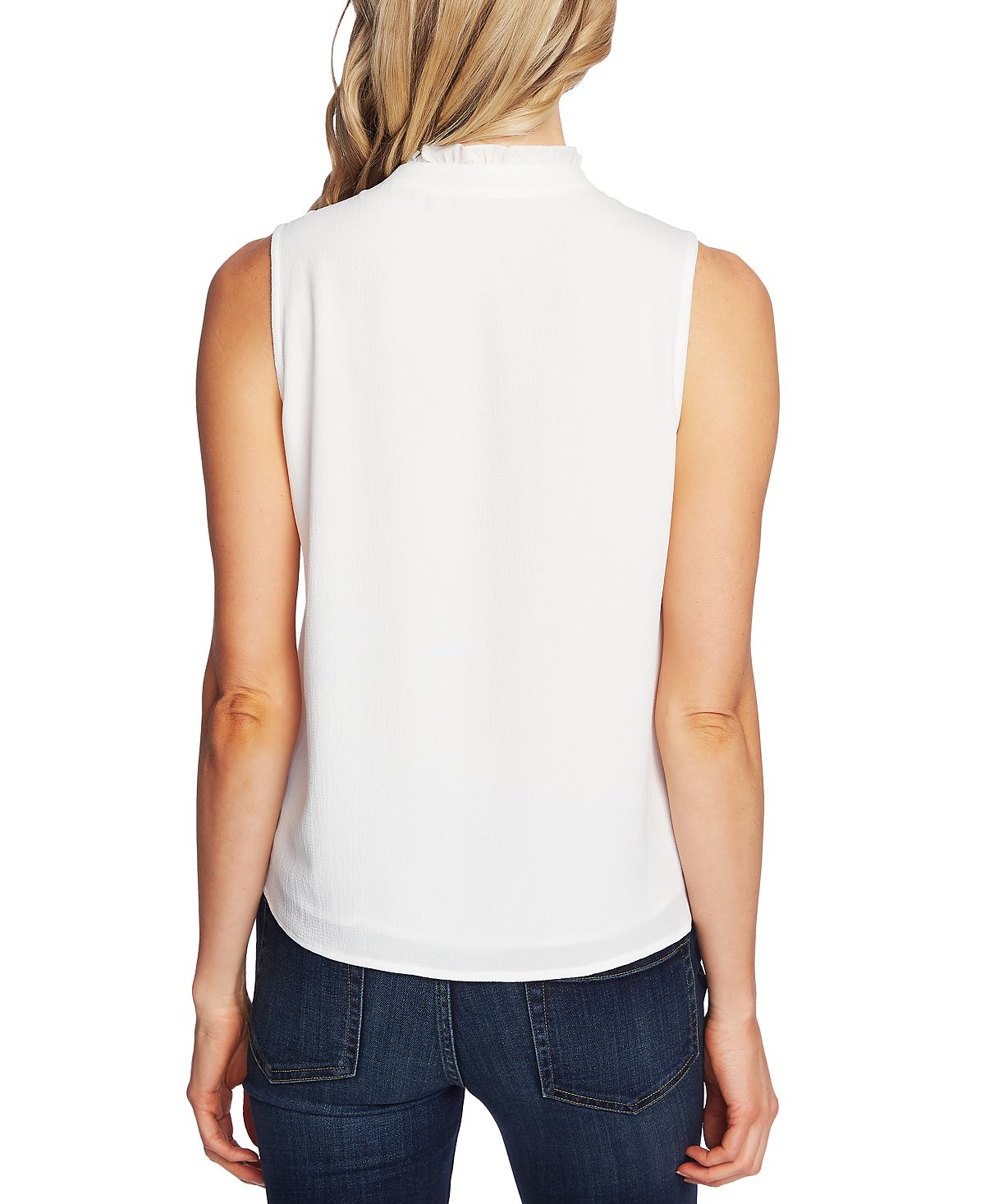 Top feminino CeCe com gola plissada e concha, branco, tamanho X-S