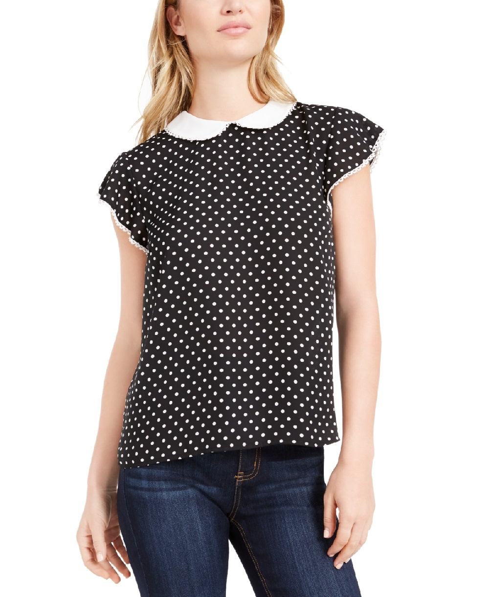 Top CeCe Feminino com Bolinhas e Manga Flutter e Gola Peter Pan, Preto, Tamanho Grande