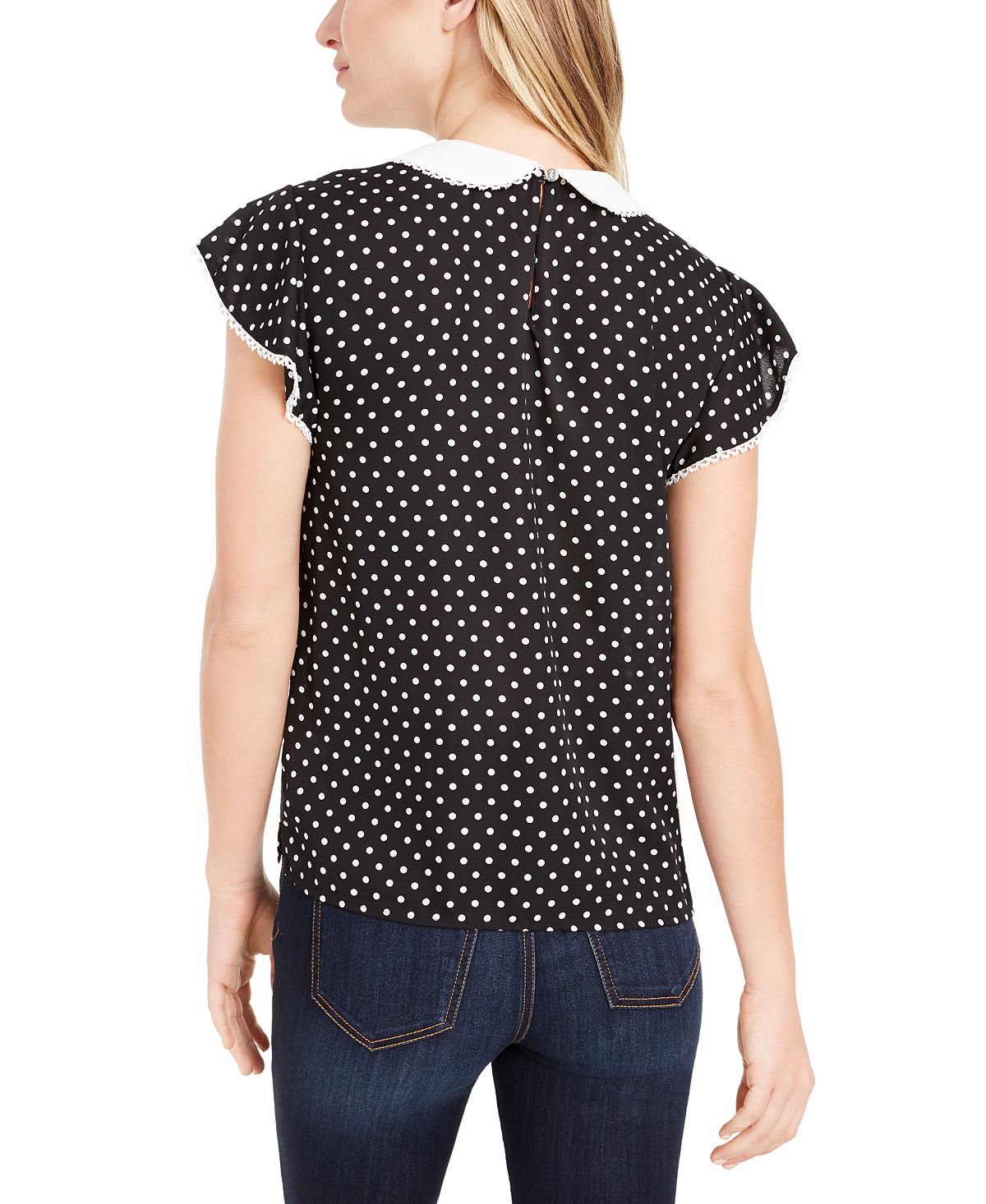 Top CeCe Feminino com Bolinhas e Manga Flutter e Gola Peter Pan, Preto, Tamanho Grande