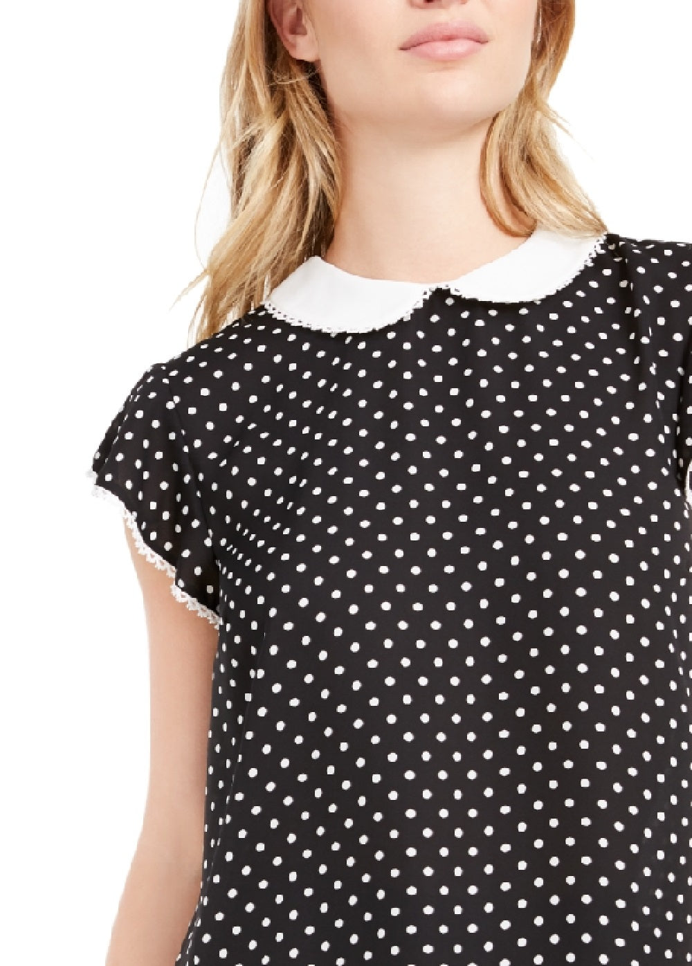 Top CeCe Feminino com Bolinhas e Manga Flutter e Gola Peter Pan, Preto, Tamanho Grande