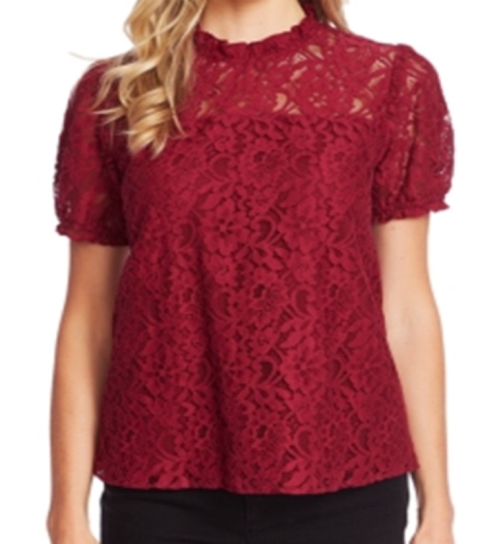 Top feminino CeCe com decote ilusão e manga curta floral, vermelho, tamanho X-G