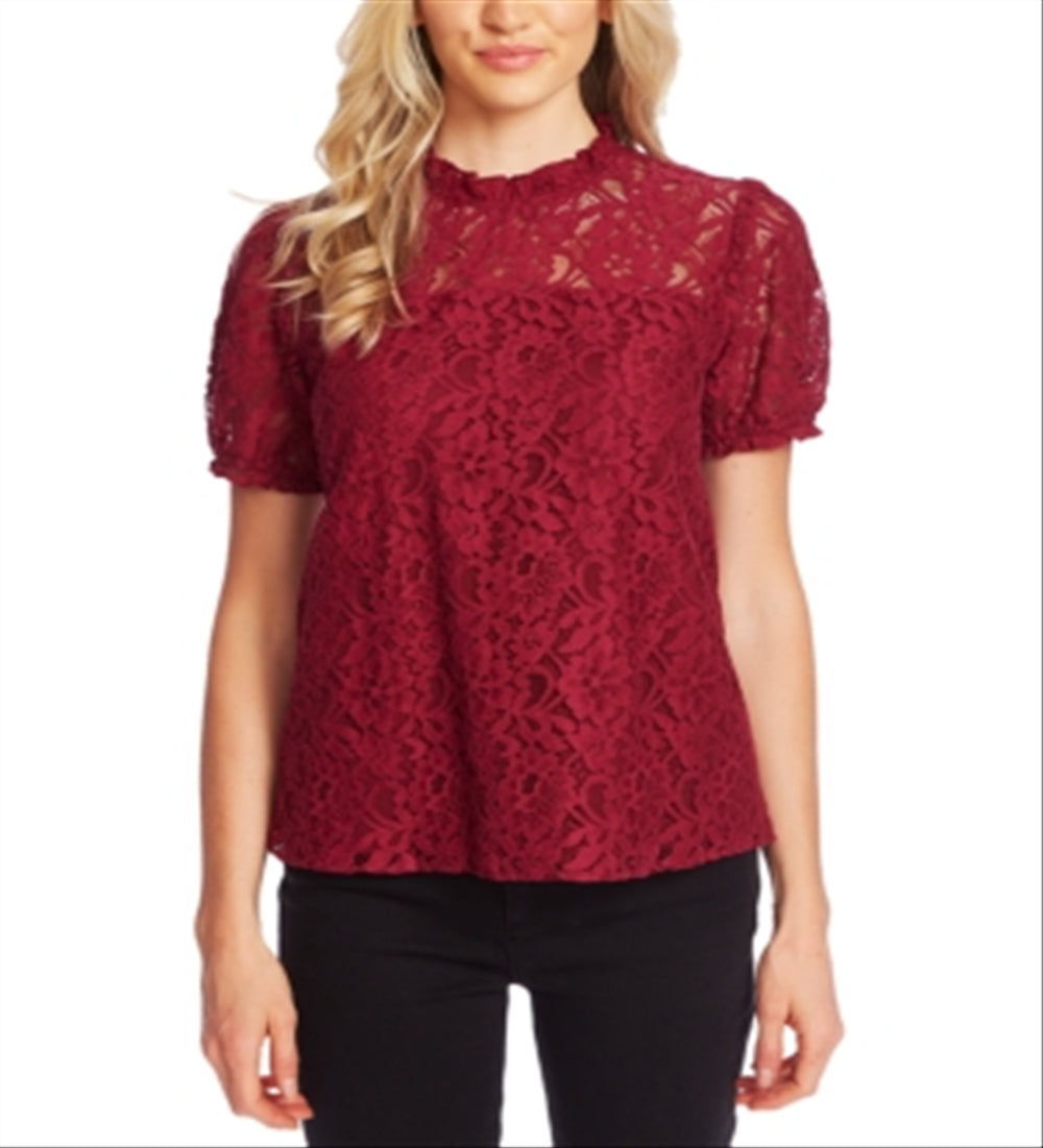 Top feminino CeCe com decote ilusão e manga curta floral, vermelho, tamanho X-G