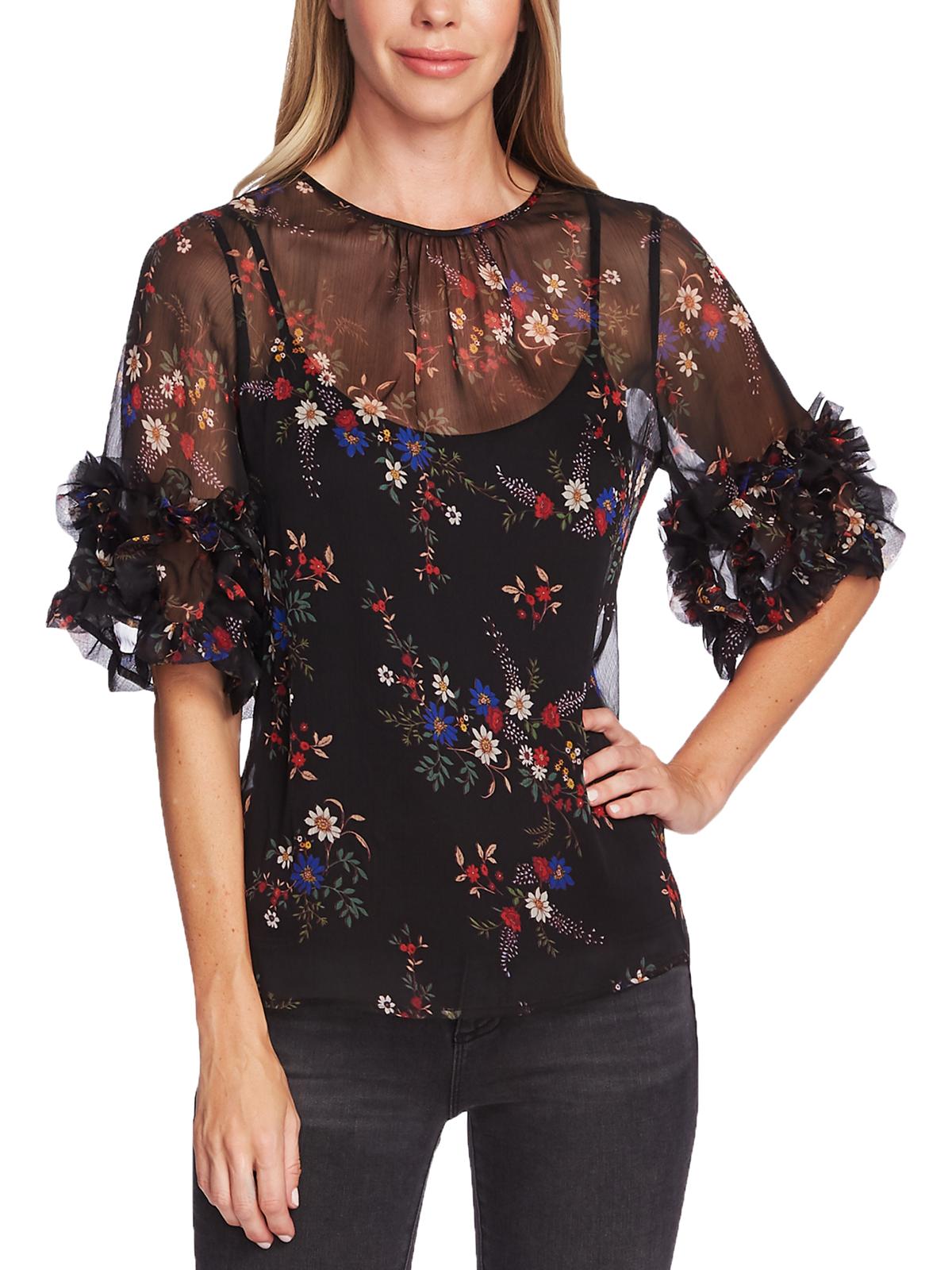 Vince Camuto Blusa feminina transparente com estampa floral Country Bouquet Peasant, preta, tamanho pequeno