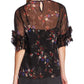 Vince Camuto Blusa feminina transparente com estampa floral Country Bouquet Peasant, preta, tamanho pequeno