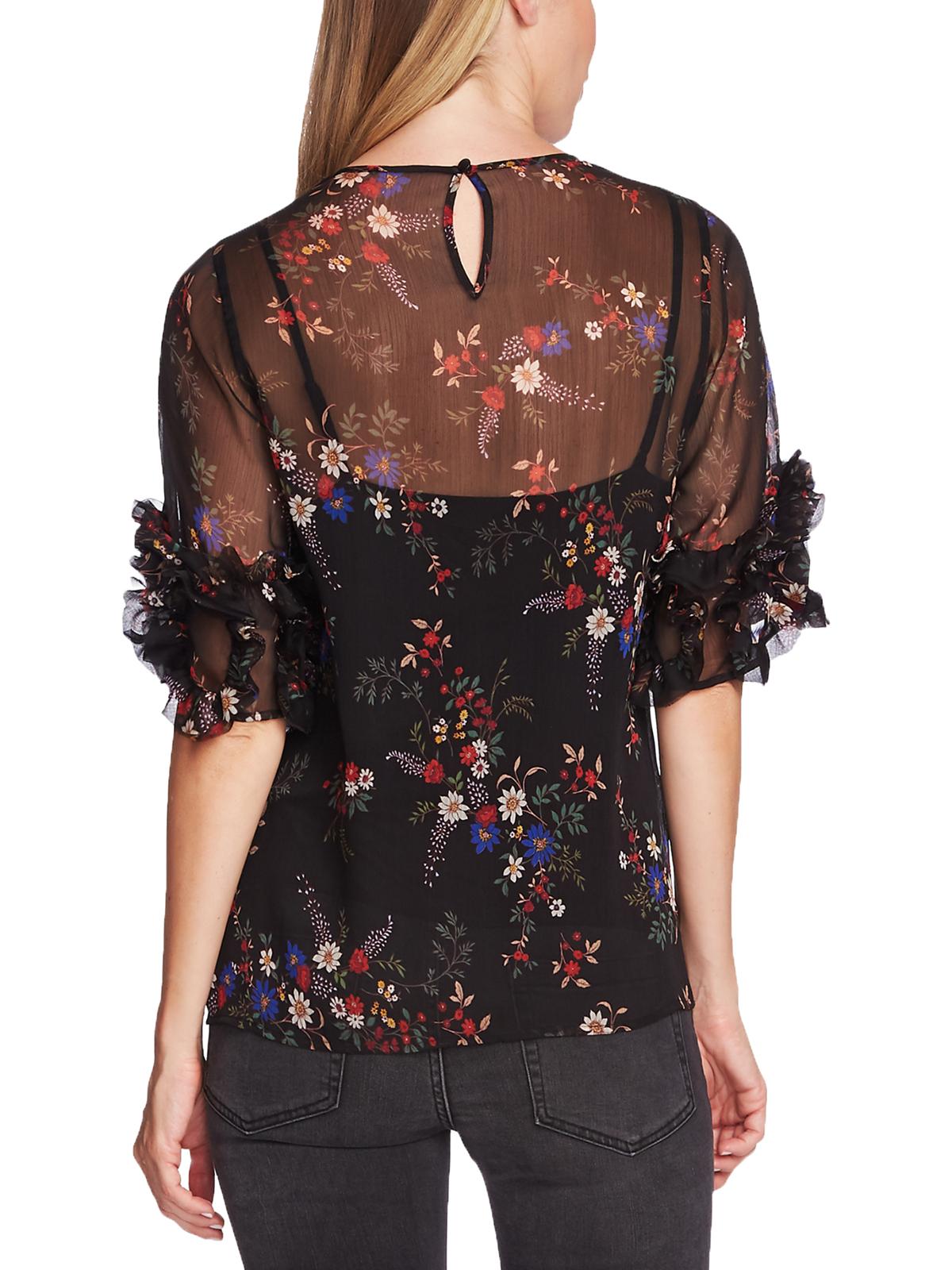 Vince Camuto Blusa feminina transparente com estampa floral Country Bouquet Peasant, preta, tamanho pequeno