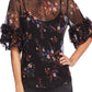 Vince Camuto Blusa feminina transparente com estampa floral Country Bouquet Peasant, preta, tamanho pequeno