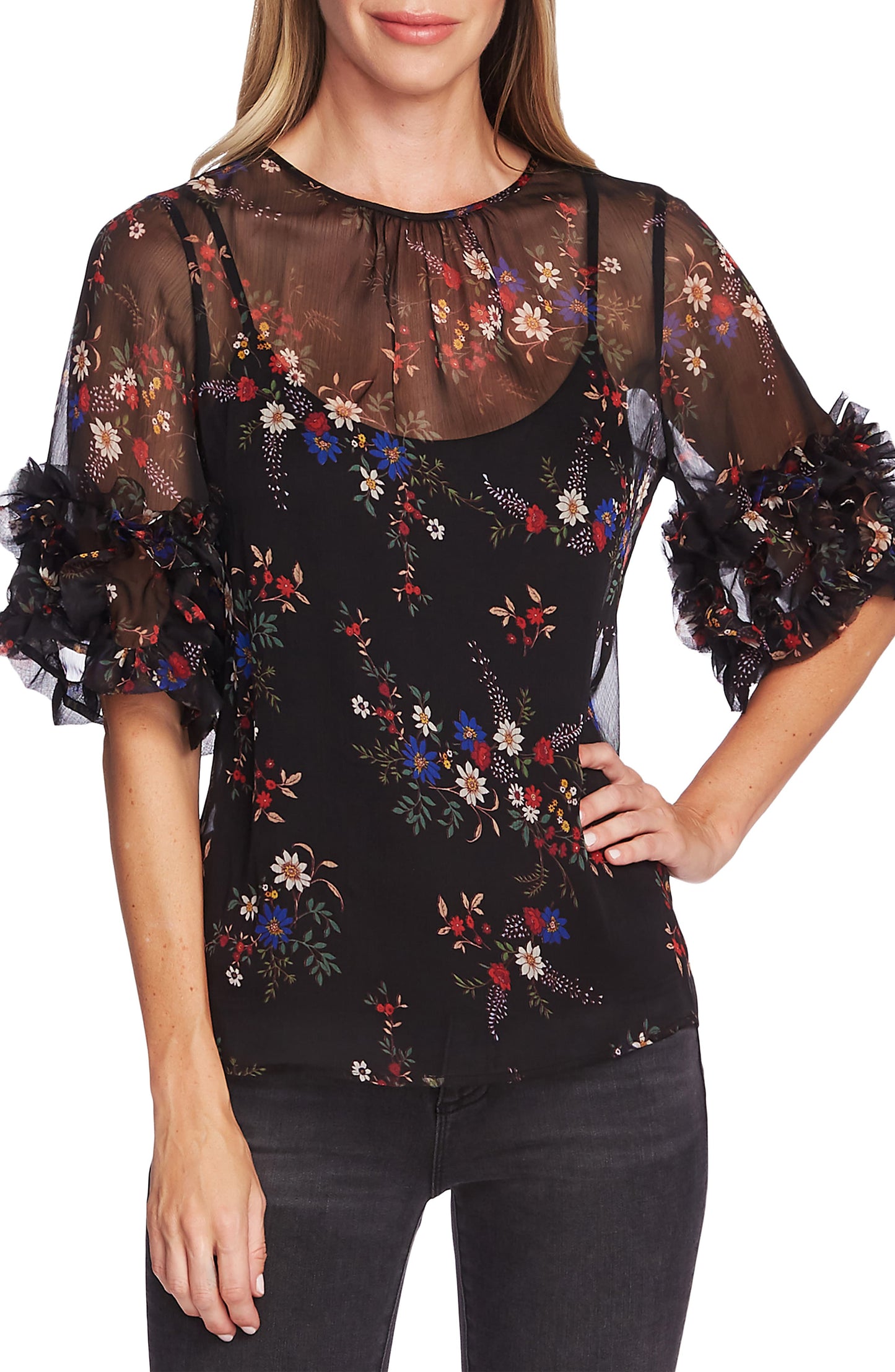 Vince Camuto Blusa feminina transparente com estampa floral Country Bouquet Peasant, preta, tamanho pequeno