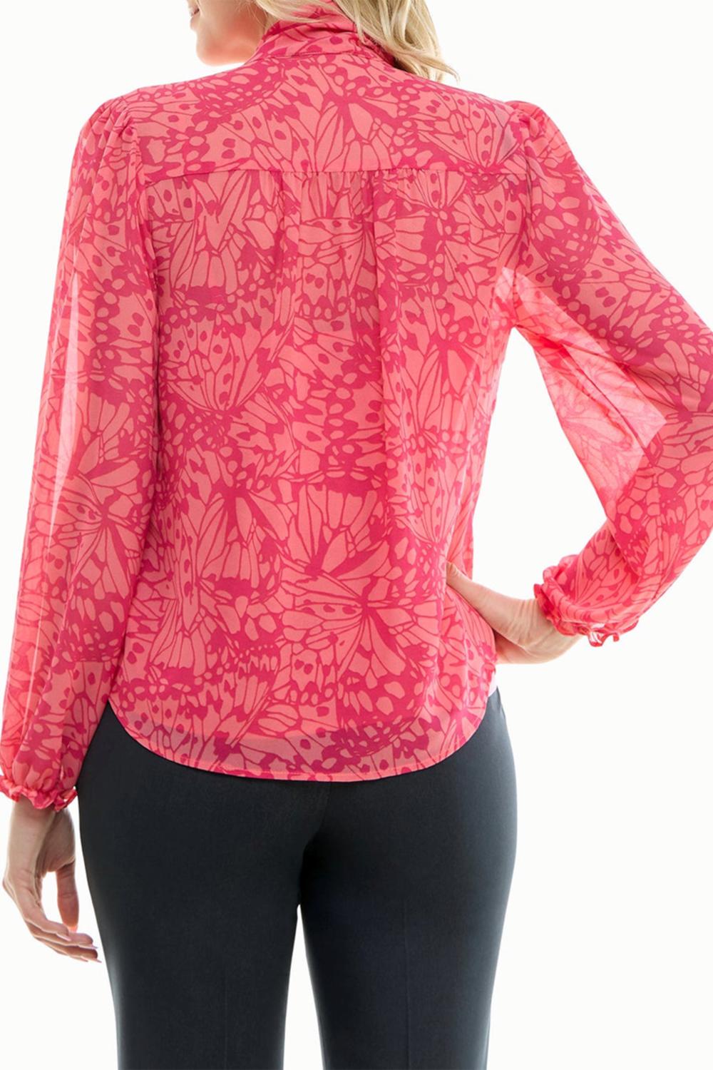 Nicole Miller - Printed Button-down Tie Neck Blouse