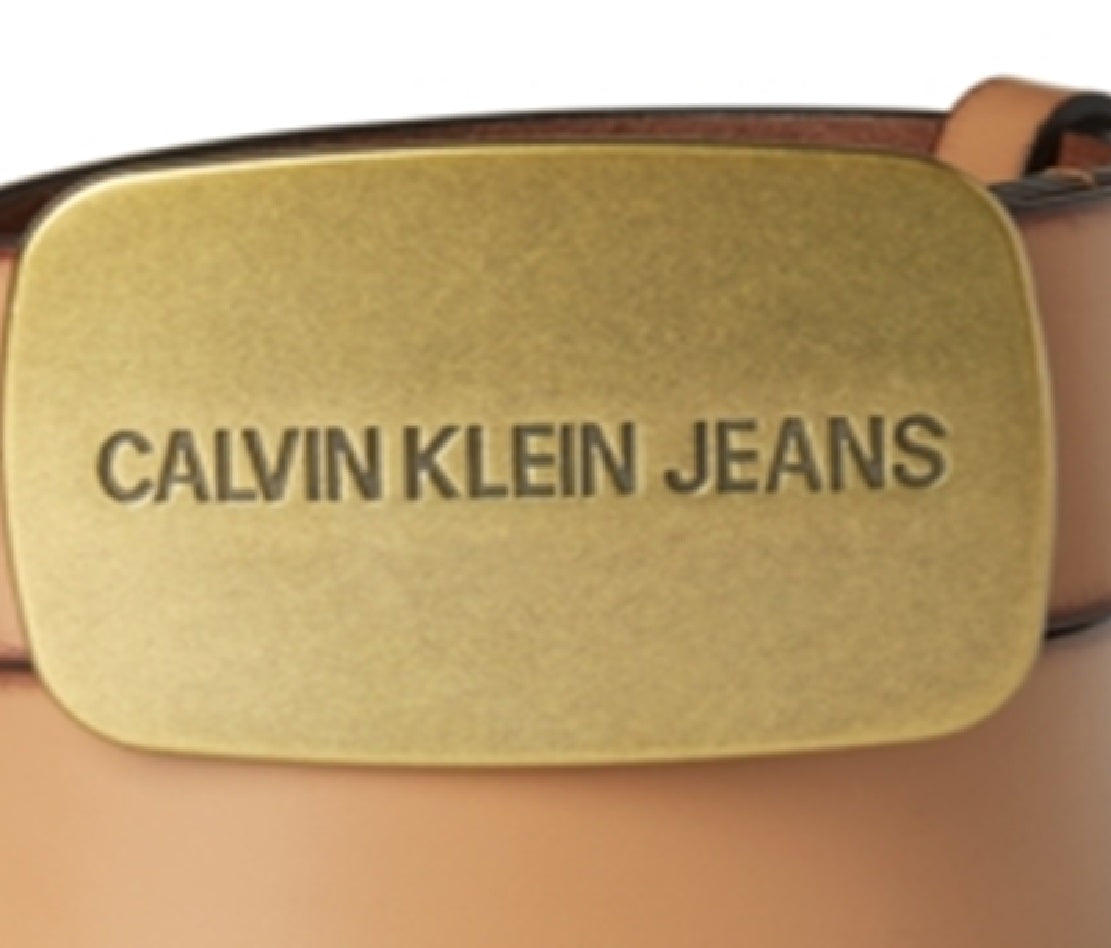 Cinto de couro Calvin Klein masculino com fivela de placa marrom tamanho 44
