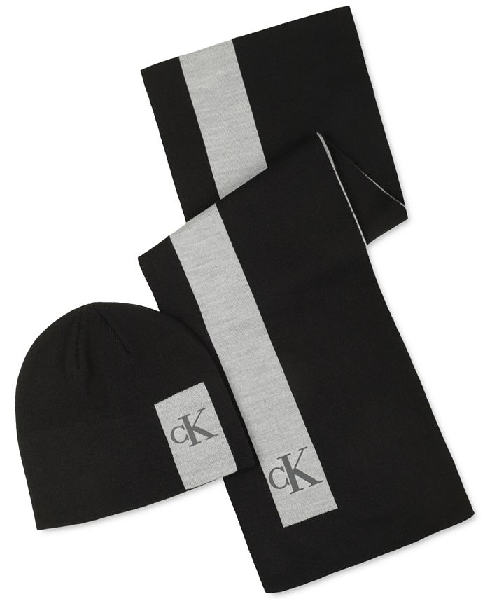 Conjunto de cachecol e gorro com logotipo Calvin Klein masculino, preto, tamanho regular