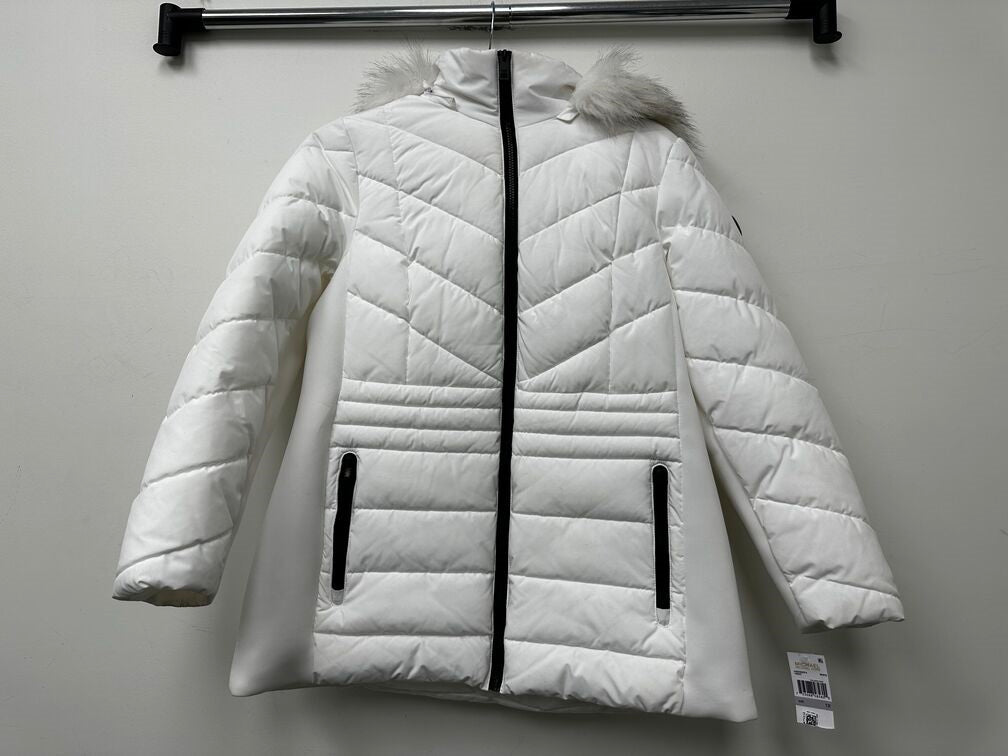 Casaco acolchoado com capuz e acabamento em pele sintética Michael Kors feminino, branco, tamanho 1X