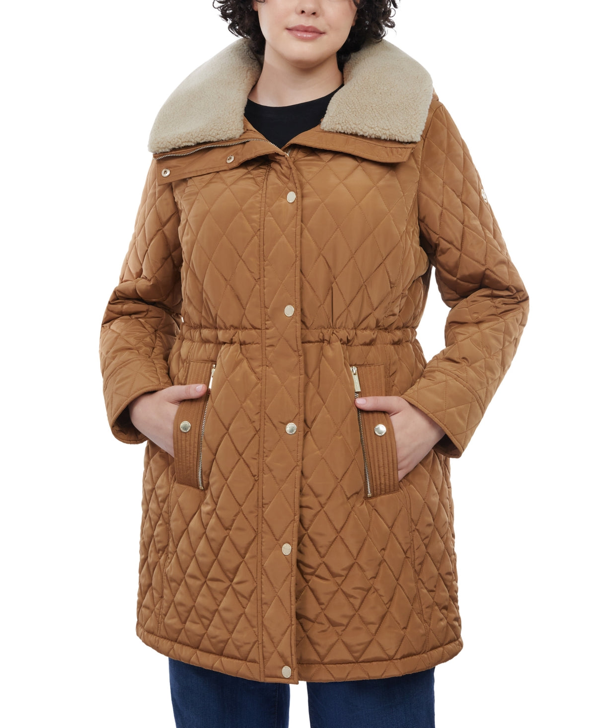 Casaco acolchoado com capuz e gola de pele sintética Michael Kors feminino, marrom, tamanho 1X