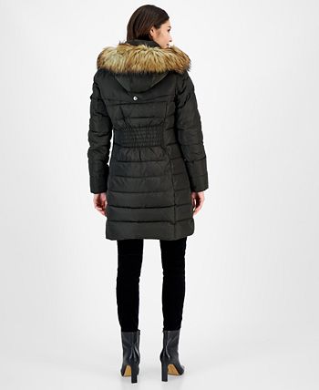 Casaco acolchoado com capuz e acabamento em pele sintética Michael Kors feminino, verde, tamanho pequeno grande