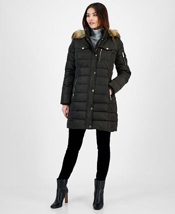 Casaco acolchoado com capuz e acabamento em pele sintética Michael Kors feminino, verde, tamanho pequeno grande