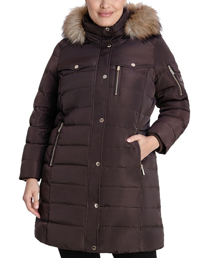 Casaco acolchoado com capuz e acabamento em pele sintética Michael Kors feminino, marrom, tamanho 2X