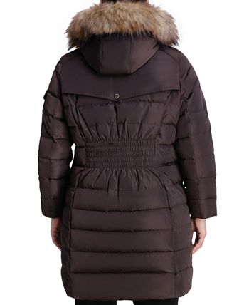 Casaco acolchoado com capuz e acabamento em pele sintética Michael Kors feminino, marrom, tamanho 2X