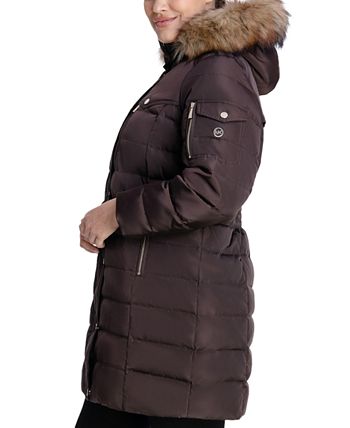Casaco acolchoado com capuz e acabamento em pele sintética Michael Kors feminino, marrom, tamanho 2X
