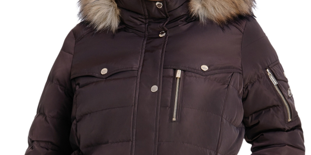 Casaco acolchoado com capuz e acabamento em pele sintética Michael Kors feminino, marrom, tamanho 2X