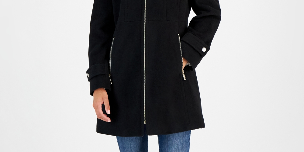 Casaco feminino Michael Kors com capuz e gola entalhada, preto, tamanho XX-S
