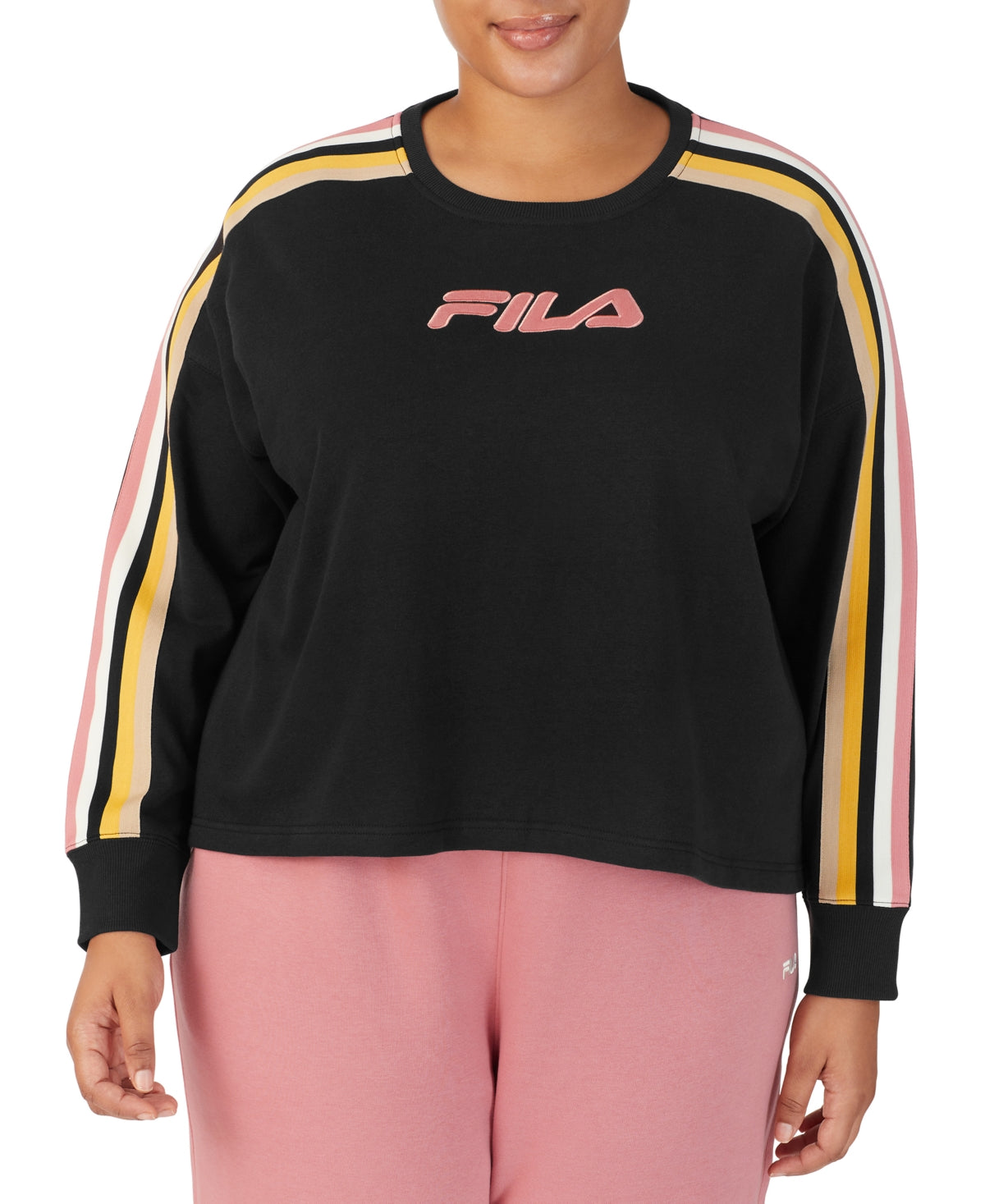 Moletom feminino Fila Clover Crewneck com logo e blocos de cores, preto, tamanho 3X