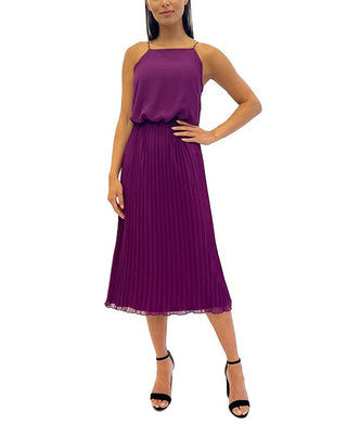 Vestido midi sem mangas com plissado feminino Sam Edelman, roxo, tamanho 12