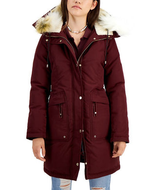 Parka feminina Sam Edelman com capuz e acabamento falso, azul, tamanho X-S