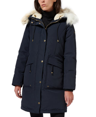 Parka feminina Sam Edelman com capuz e acabamento falso, azul, tamanho X-S