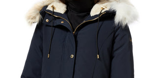 Parka feminina Sam Edelman com capuz e acabamento falso, azul, tamanho X-S