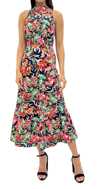 Vestido midi feminino Sam Edelman com decote halter floral, azul, tamanho 8