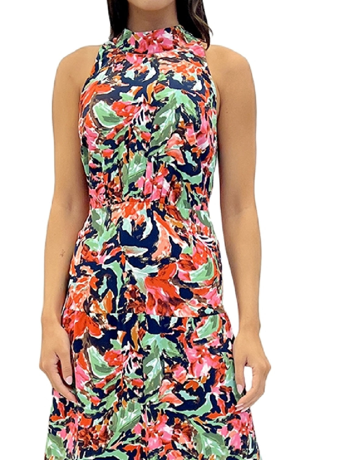 Vestido midi feminino Sam Edelman com decote halter floral, azul, tamanho 8