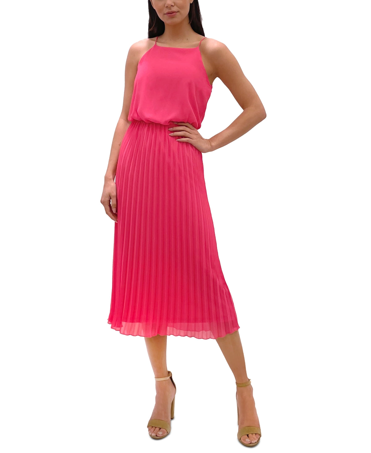 Vestido midi plissado feminino Sam Edelman, rosa, tamanho 6